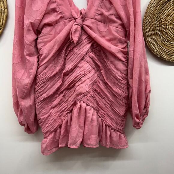 ASOS Design Curve Pink Long Sleeve Ruffle Tie Front Ruched Mini Dress 12 - Picture 5 of 8